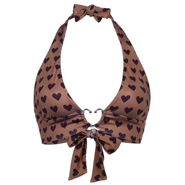 Sweetown Pink Heart Print Cute Bustier Crop Top Women Aesthetic Kawaii Clothes Sleeveless Backless Lace Up Bralette Camisole