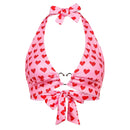 Sweetown Pink Heart Print Cute Bustier Crop Top Women Aesthetic Kawaii Clothes Sleeveless Backless Lace Up Bralette Camisole