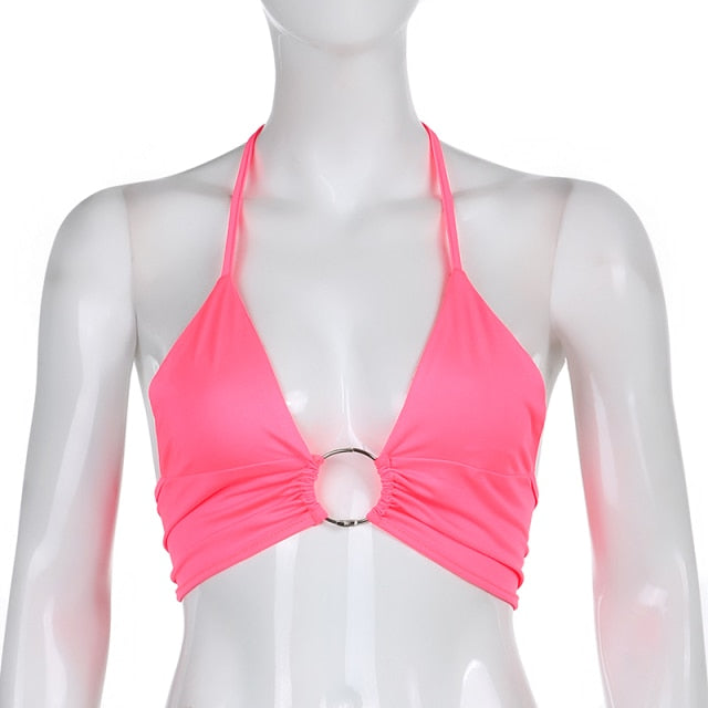 Sweetown Pink Heart Print Cute Bustier Crop Top Women Aesthetic Kawaii Clothes Sleeveless Backless Lace Up Bralette Camisole