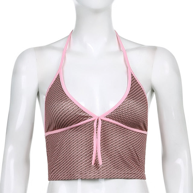 Sweetown Pink Heart Print Cute Bustier Crop Top Women Aesthetic Kawaii Clothes Sleeveless Backless Lace Up Bralette Camisole