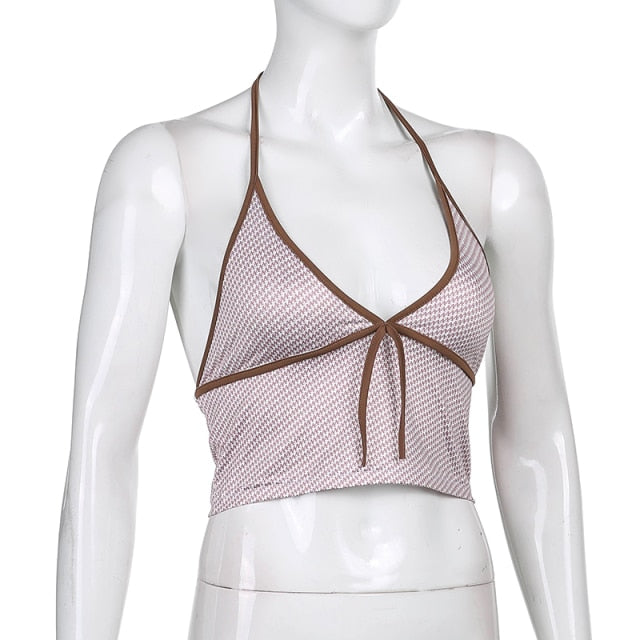 Sweetown Pink Heart Print Cute Bustier Crop Top Women Aesthetic Kawaii Clothes Sleeveless Backless Lace Up Bralette Camisole