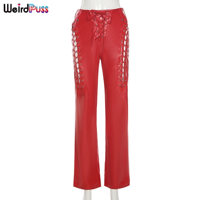 Weird Puss Faux PU Y2K High Waist Pants Women Chic Hollow Out Bandage Sexy Autumn Trend Leather Club Trousers Slim Streetwear
