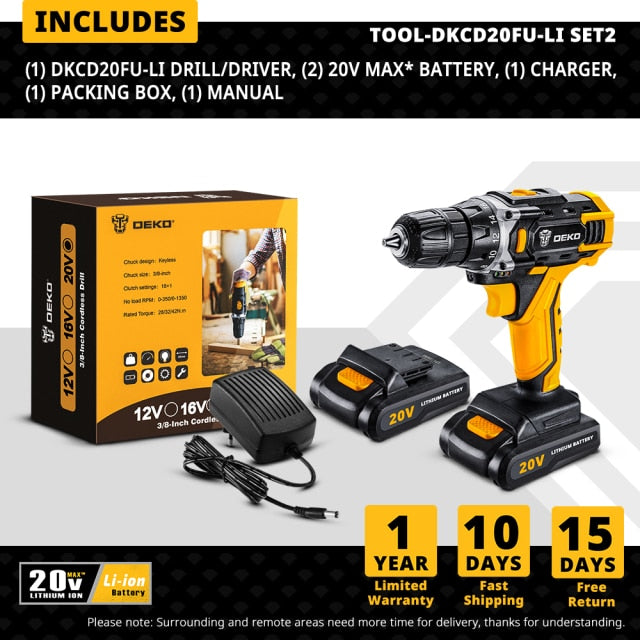 DEKO New Sharker 20V Cordless Drill Driver Screwdriver Mini Wireless Power Driver DC Lithium-Ion Battery 18+1 Settings