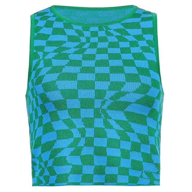 Plaid Printed  Knitted Women's Tank Tops Summer Harajuku Vintage Crop Tee Streetwear Aesthetic Cute Shirts 2021 Cuteandpsycho