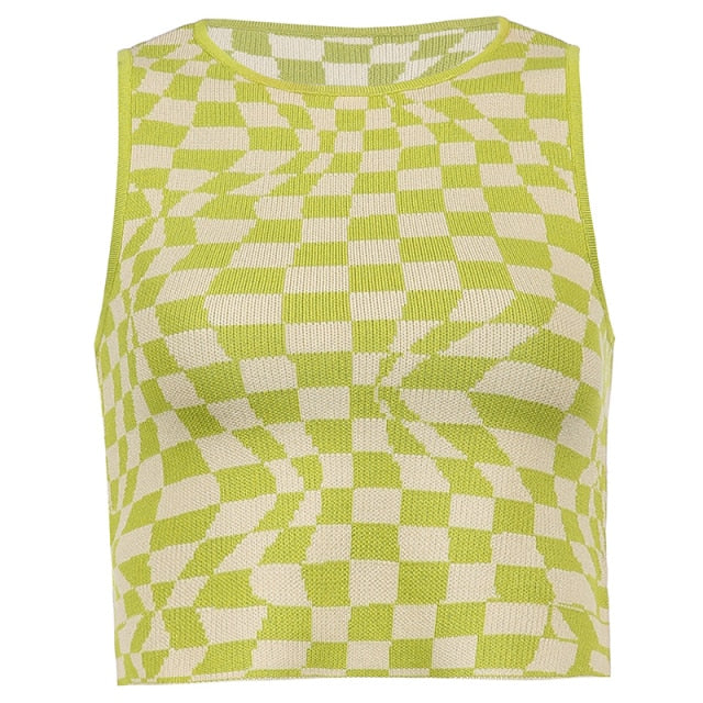 Plaid Printed  Knitted Women's Tank Tops Summer Harajuku Vintage Crop Tee Streetwear Aesthetic Cute Shirts 2021 Cuteandpsycho