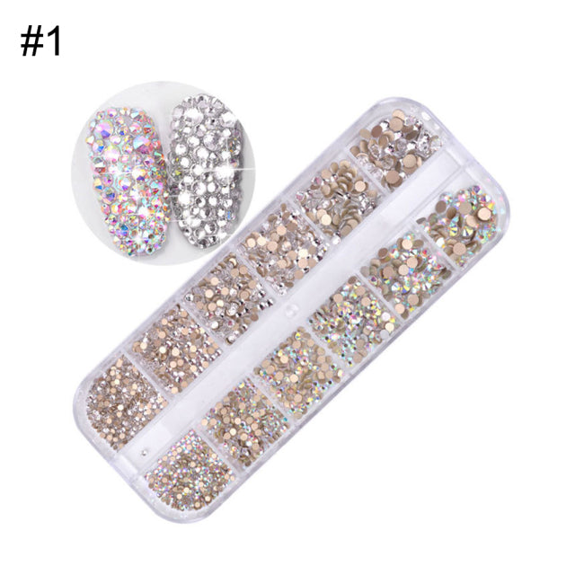 AB Crystal Flat Back Clear Nail Rhinestone 3D Flat Bottom Mixed Size Dazzling Diamonds Nail Art Decoration in Wheel