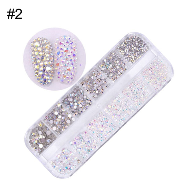 AB Crystal Flat Back Clear Nail Rhinestone 3D Flat Bottom Mixed Size Dazzling Diamonds Nail Art Decoration in Wheel