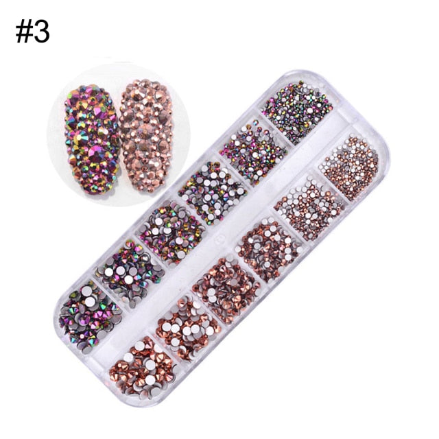 AB Crystal Flat Back Clear Nail Rhinestone 3D Flat Bottom Mixed Size Dazzling Diamonds Nail Art Decoration in Wheel