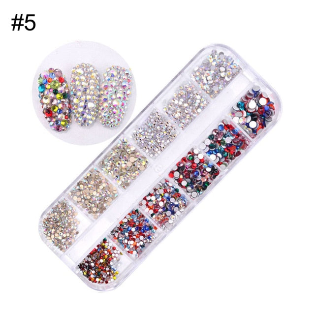 AB Crystal Flat Back Clear Nail Rhinestone 3D Flat Bottom Mixed Size Dazzling Diamonds Nail Art Decoration in Wheel