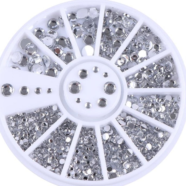 AB Crystal Flat Back Clear Nail Rhinestone 3D Flat Bottom Mixed Size Dazzling Diamonds Nail Art Decoration in Wheel