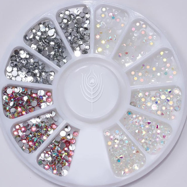 AB Crystal Flat Back Clear Nail Rhinestone 3D Flat Bottom Mixed Size Dazzling Diamonds Nail Art Decoration in Wheel