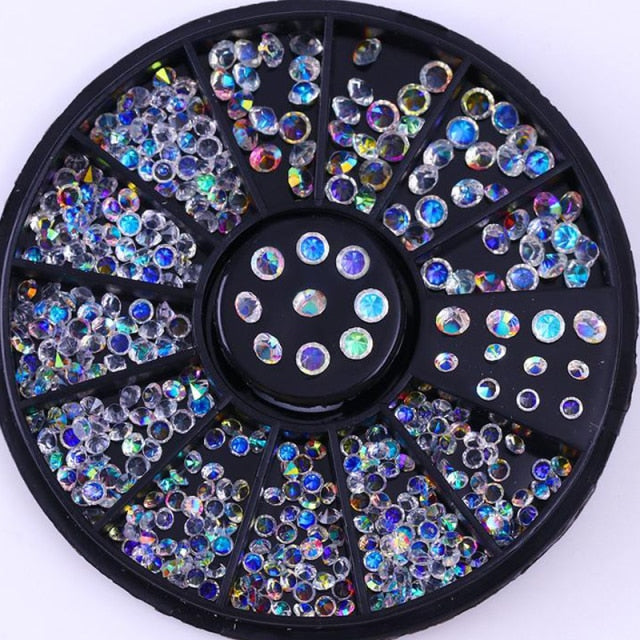 AB Crystal Flat Back Clear Nail Rhinestone 3D Flat Bottom Mixed Size Dazzling Diamonds Nail Art Decoration in Wheel