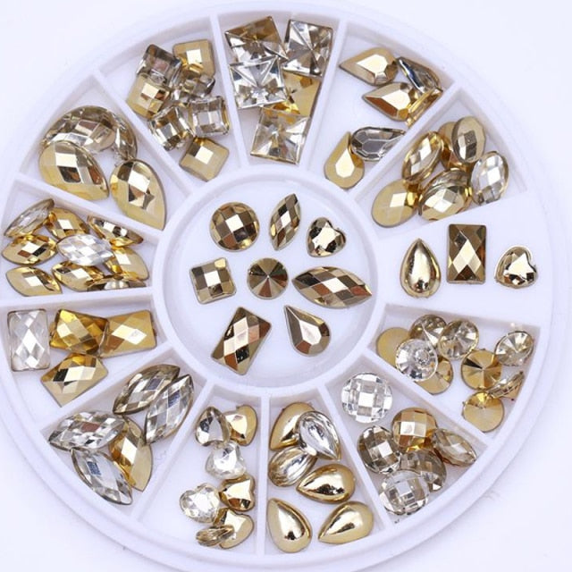 AB Crystal Flat Back Clear Nail Rhinestone 3D Flat Bottom Mixed Size Dazzling Diamonds Nail Art Decoration in Wheel