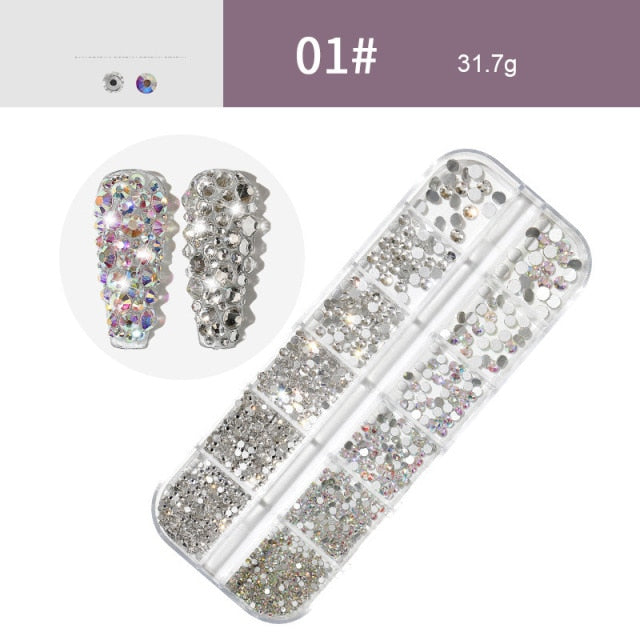 AB Crystal Flat Back Clear Nail Rhinestone 3D Flat Bottom Mixed Size Dazzling Diamonds Nail Art Decoration in Wheel