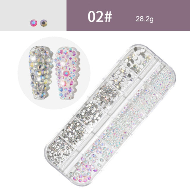 AB Crystal Flat Back Clear Nail Rhinestone 3D Flat Bottom Mixed Size Dazzling Diamonds Nail Art Decoration in Wheel