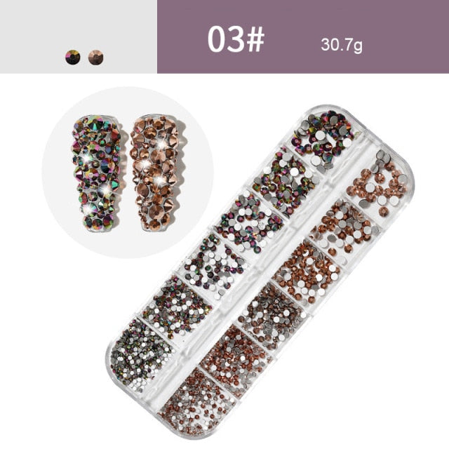AB Crystal Flat Back Clear Nail Rhinestone 3D Flat Bottom Mixed Size Dazzling Diamonds Nail Art Decoration in Wheel