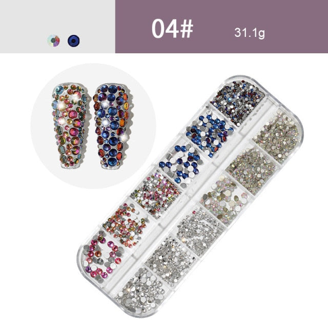 AB Crystal Flat Back Clear Nail Rhinestone 3D Flat Bottom Mixed Size Dazzling Diamonds Nail Art Decoration in Wheel