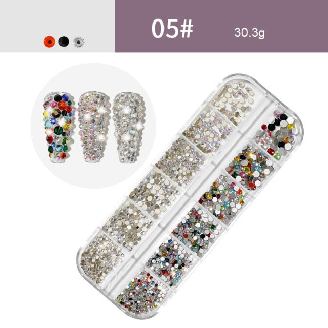 AB Crystal Flat Back Clear Nail Rhinestone 3D Flat Bottom Mixed Size Dazzling Diamonds Nail Art Decoration in Wheel