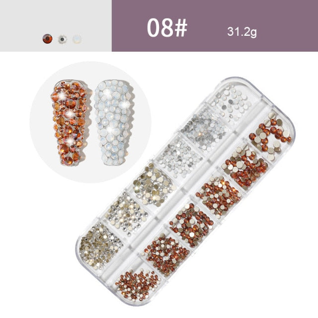 AB Crystal Flat Back Clear Nail Rhinestone 3D Flat Bottom Mixed Size Dazzling Diamonds Nail Art Decoration in Wheel