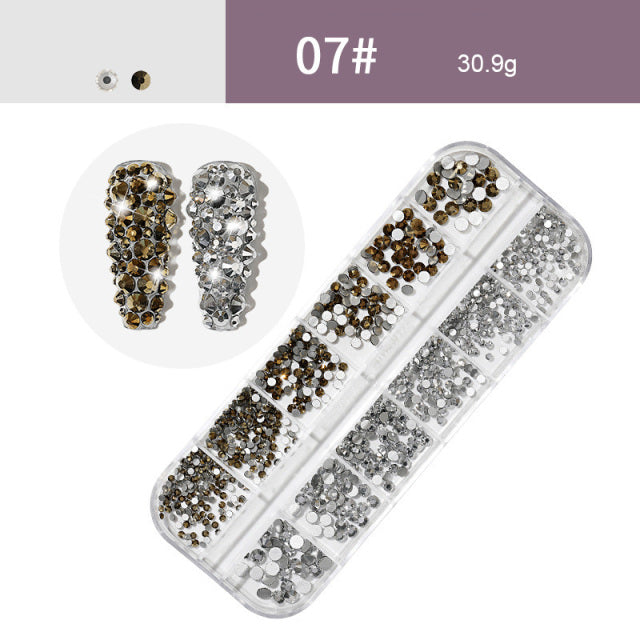 AB Crystal Flat Back Clear Nail Rhinestone 3D Flat Bottom Mixed Size Dazzling Diamonds Nail Art Decoration in Wheel