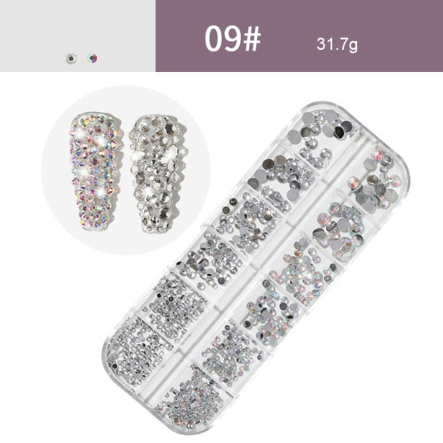 AB Crystal Flat Back Clear Nail Rhinestone 3D Flat Bottom Mixed Size Dazzling Diamonds Nail Art Decoration in Wheel
