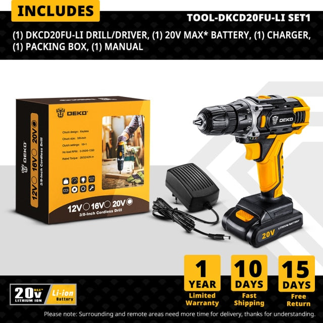 DEKO 12/16/20V MAX Cordless Drill Electric Screwdriver,18+1 Torque Settings,2-Speeds,3/8" Keyless Chuck Power Tools(DKCD Series)