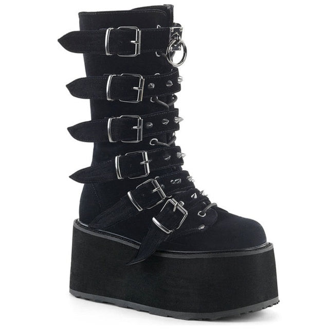 2021 Big Size 43 Gothic Style Black Wedges High Heels Platform Trendy Cool Autumn Winter Motorcycles Boots Shoes Women Footwear