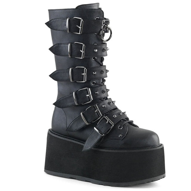 2021 Big Size 43 Gothic Style Black Wedges High Heels Platform Trendy Cool Autumn Winter Motorcycles Boots Shoes Women Footwear