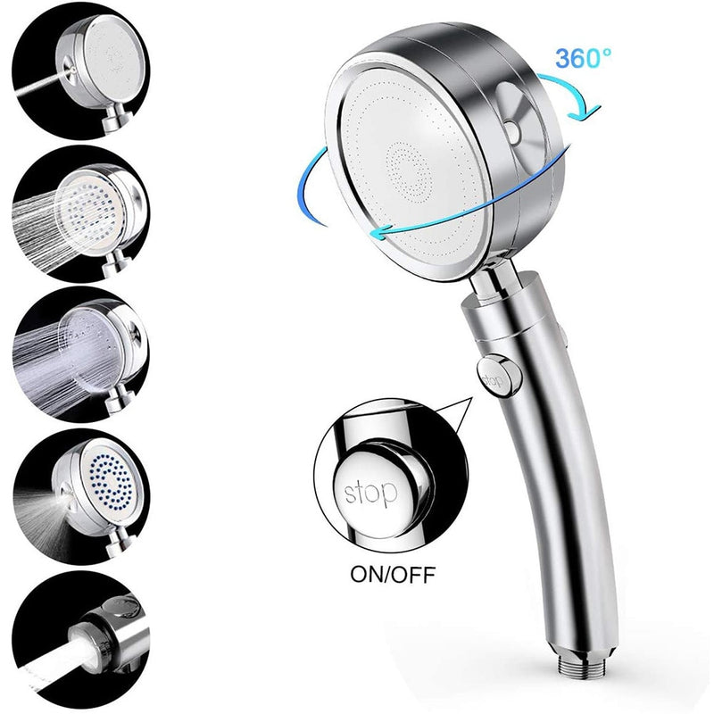 Handheld Shower Head High Pressure 5 Function Adjustable Bath Shower Jets with On/Off Pause Switch Removable Filter with Hose