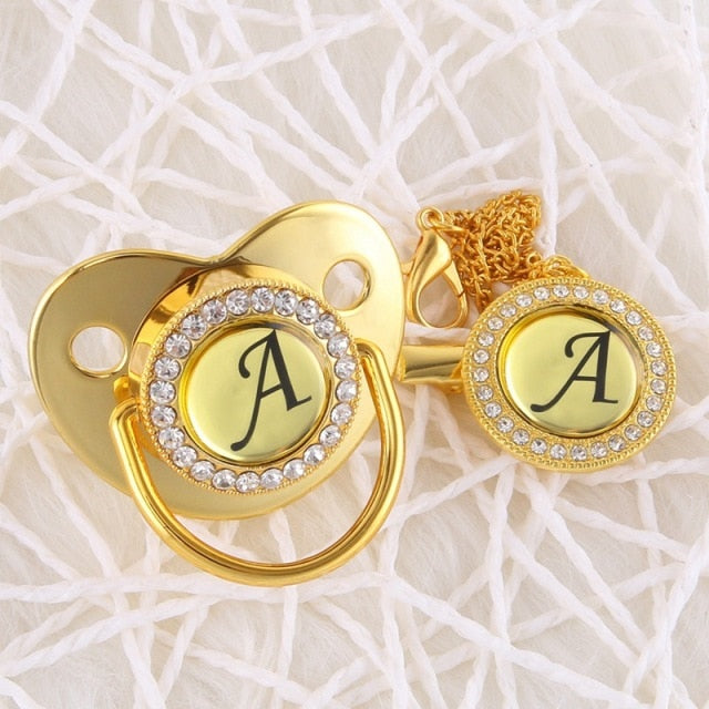 Handmade Bling Gold Baby Pacifier Chain Clip 26 Alphabet Shimmer Crystal Newborn Pacifier Silicone Nipple Orthodontic Soother