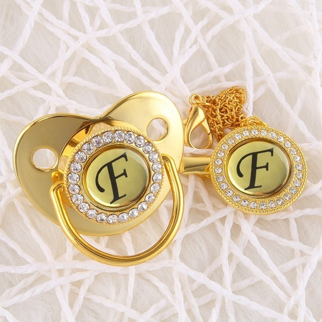 Handmade Bling Gold Baby Pacifier Chain Clip 26 Alphabet Shimmer Crystal Newborn Pacifier Silicone Nipple Orthodontic Soother