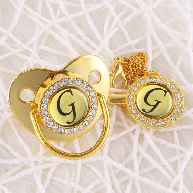 Handmade Bling Gold Baby Pacifier Chain Clip 26 Alphabet Shimmer Crystal Newborn Pacifier Silicone Nipple Orthodontic Soother