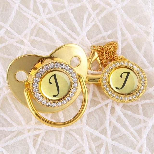 Handmade Bling Gold Baby Pacifier Chain Clip 26 Alphabet Shimmer Crystal Newborn Pacifier Silicone Nipple Orthodontic Soother