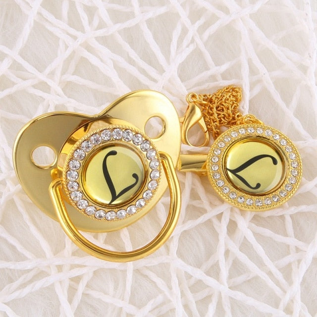 Handmade Bling Gold Baby Pacifier Chain Clip 26 Alphabet Shimmer Crystal Newborn Pacifier Silicone Nipple Orthodontic Soother