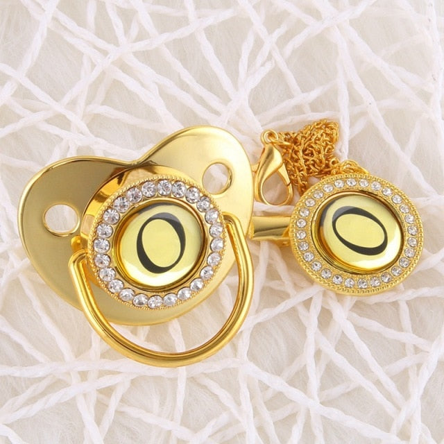 Handmade Bling Gold Baby Pacifier Chain Clip 26 Alphabet Shimmer Crystal Newborn Pacifier Silicone Nipple Orthodontic Soother