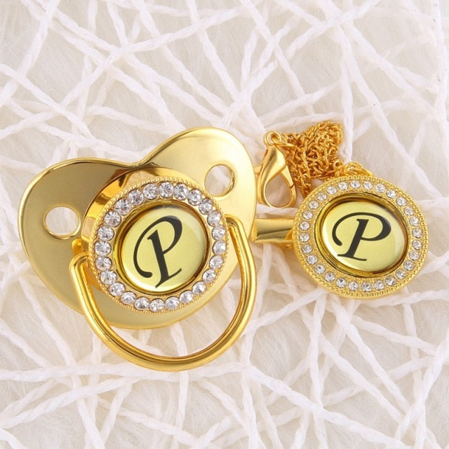 Handmade Bling Gold Baby Pacifier Chain Clip 26 Alphabet Shimmer Crystal Newborn Pacifier Silicone Nipple Orthodontic Soother