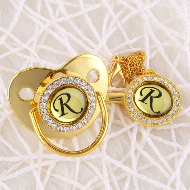 Handmade Bling Gold Baby Pacifier Chain Clip 26 Alphabet Shimmer Crystal Newborn Pacifier Silicone Nipple Orthodontic Soother