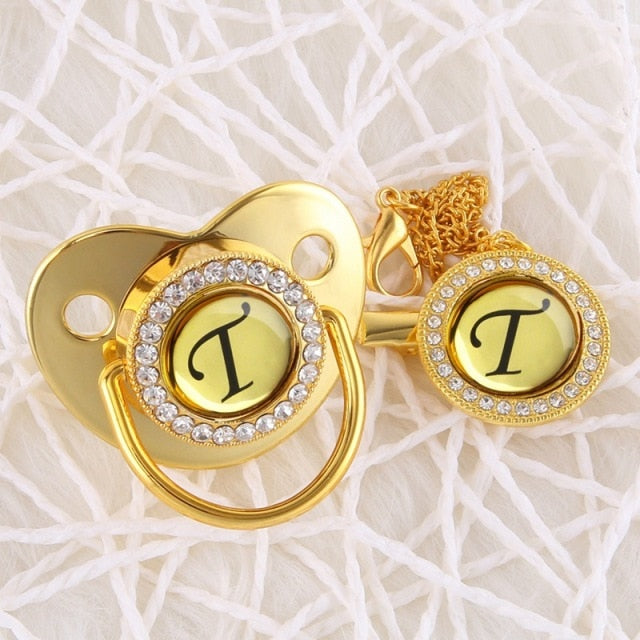 Handmade Bling Gold Baby Pacifier Chain Clip 26 Alphabet Shimmer Crystal Newborn Pacifier Silicone Nipple Orthodontic Soother