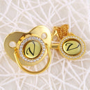 Handmade Bling Gold Baby Pacifier Chain Clip 26 Alphabet Shimmer Crystal Newborn Pacifier Silicone Nipple Orthodontic Soother