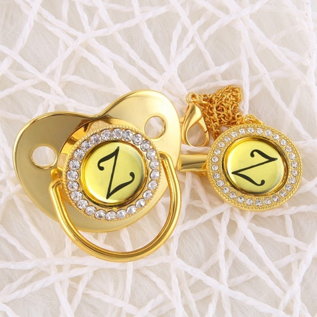 Handmade Bling Gold Baby Pacifier Chain Clip 26 Alphabet Shimmer Crystal Newborn Pacifier Silicone Nipple Orthodontic Soother
