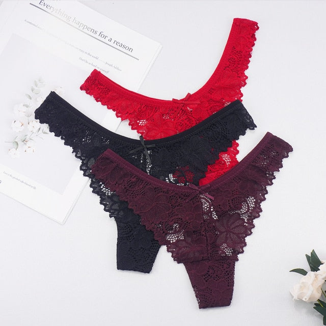3Pcs/Lot Plus Size S-4XL Lingerie Femme Underwear Women Sexy G String Thong Lace Hollow with Bow Panties Solid Color