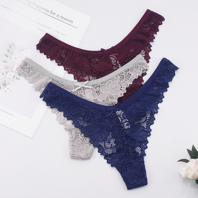 3Pcs/Lot Plus Size S-4XL Lingerie Femme Underwear Women Sexy G String Thong Lace Hollow with Bow Panties Solid Color