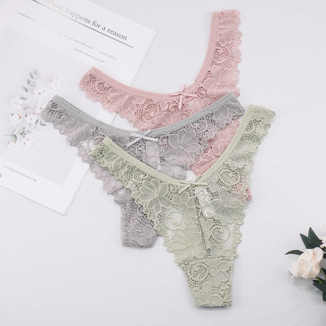 3Pcs/Lot Plus Size S-4XL Lingerie Femme Underwear Women Sexy G String Thong Lace Hollow with Bow Panties Solid Color