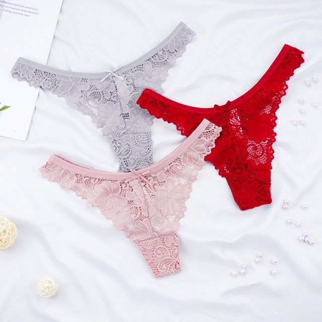 3Pcs/Lot Plus Size S-4XL Lingerie Femme Underwear Women Sexy G String Thong Lace Hollow with Bow Panties Solid Color