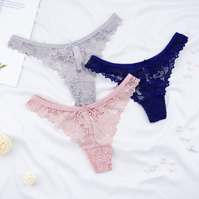 3Pcs/Lot Plus Size S-4XL Lingerie Femme Underwear Women Sexy G String Thong Lace Hollow with Bow Panties Solid Color
