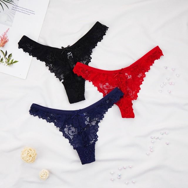 3Pcs/Lot Plus Size S-4XL Lingerie Femme Underwear Women Sexy G String Thong Lace Hollow with Bow Panties Solid Color