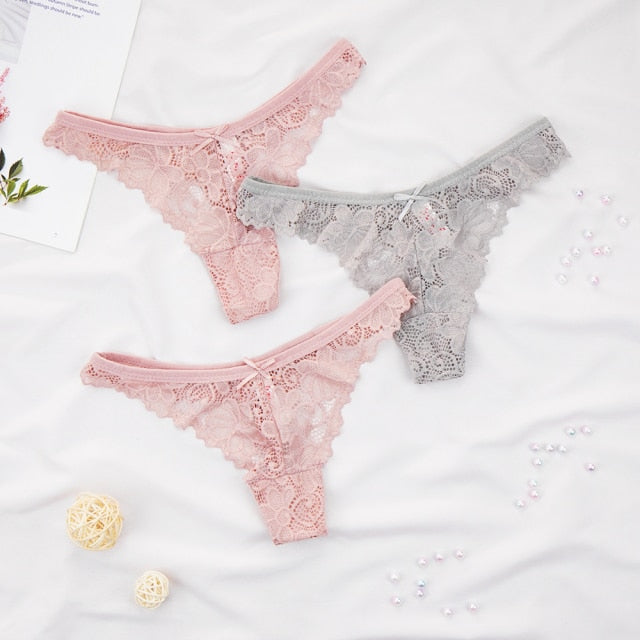 3Pcs/Lot Plus Size S-4XL Lingerie Femme Underwear Women Sexy G String Thong Lace Hollow with Bow Panties Solid Color