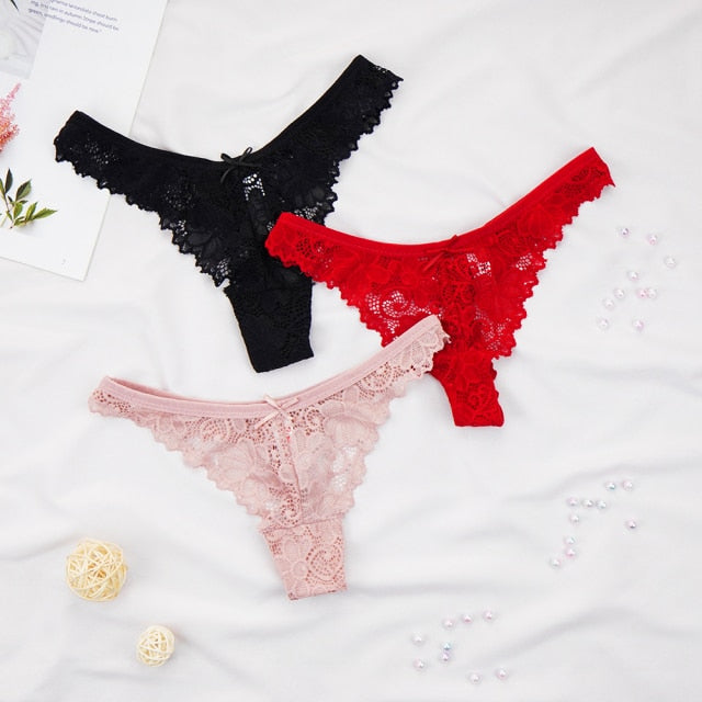 3Pcs/Lot Plus Size S-4XL Lingerie Femme Underwear Women Sexy G String Thong Lace Hollow with Bow Panties Solid Color