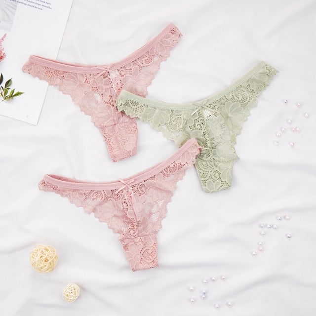 3Pcs/Lot Plus Size S-4XL Lingerie Femme Underwear Women Sexy G String Thong Lace Hollow with Bow Panties Solid Color
