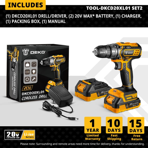 DEKO New Sharker 20V Cordless Drill Driver Screwdriver Mini Wireless Power Driver DC Lithium-Ion Battery 18+1 Settings
